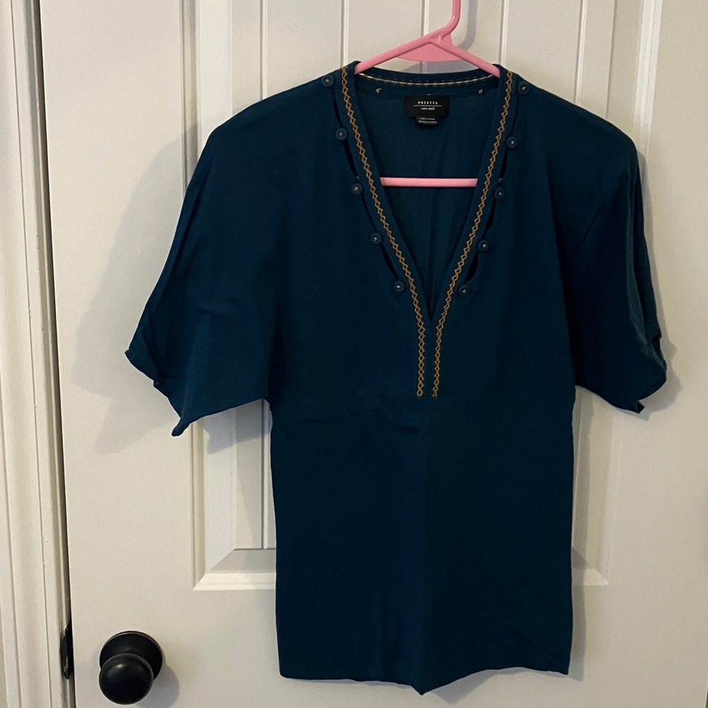 Deletta Deep Teal Top with Embroidered Trim